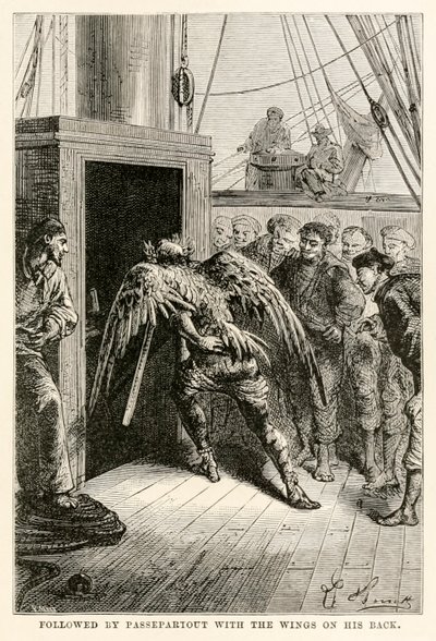 Suivi de Passepartout avec les ailes sur le dos, de Le Tour du Monde en Quatre-vingts Jours par Jules Verne (1828-1905), gravé par Adolphe François Pannemaker (1822-1900), 1873 - Hippolyte Leon after Benett