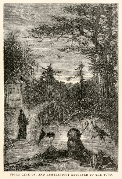 La nuit tomba, et Passepartout retourna en ville, de Le Tour du Monde en Quatre-vingts Jours par Jules Verne (1828-1905), gravé par Louis Prevost, 1873 - Hippolyte Leon after Benett