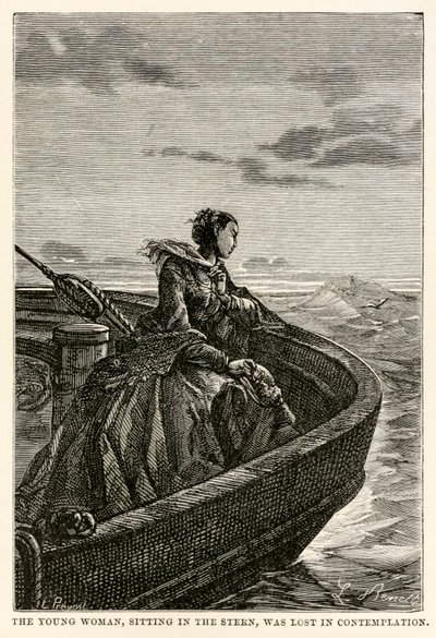 La jeune femme, assise à la poupe, était perdue dans la contemplation, de Le Tour du Monde en Quatre-vingts Jours par Jules Verne (1828-1905), gravé par Jean Louis Prevost, (1790-1850), 1873 - Hippolyte Leon after Benett