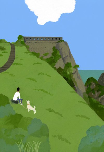 Repos avec un chien sur une colline herbeuse. - Hiroyuki Izutsu