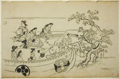 Fête des fleurs avec rideau portant un blason, de la série "Fête des fleurs à Ueno (Ueno hanami no tei)" - Hishikawa Moronobu