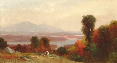 Vaches et moutons paissant dans un paysage fluvial d