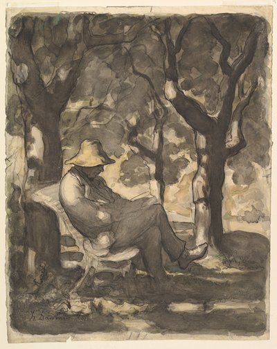 Un homme lisant dans un jardin recto, croquis préliminaire pour un homme lisant dans un jardin verso, vers 1865 - Honoré Daumier