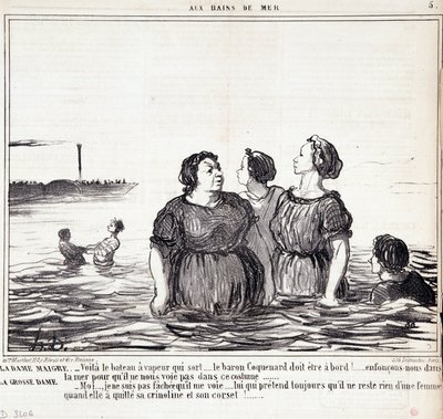 Caricature sur les apparences et la mode. Série « Les Bains de Mer » : « La dame maigre (...), la dame grosse (...) ». Gravure par Honoré Daumier (1808-1879). Extrait du journal « Le Charivari » du 16 septembre. - Honoré Daumier