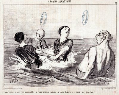 Caricature sur les touristes en vacances à la mer. Série Les Bains de Mer : Croquis aquatique. Voyons, ce n