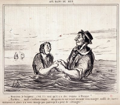 Caricature sur les touristes en vacances. Série aux Bains de Mer : Monsieur le baigneur... est-il vrai qu