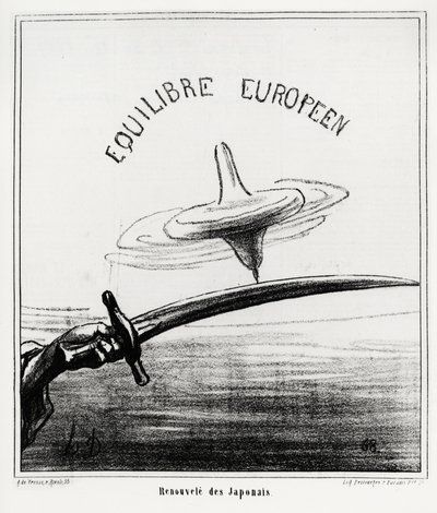 Équilibre européen : renaissance japonaise. Juste après la restauration du régime impérial au Japon, suite à la démission du shogunat Tokugawa en novembre 1867. Illustration d