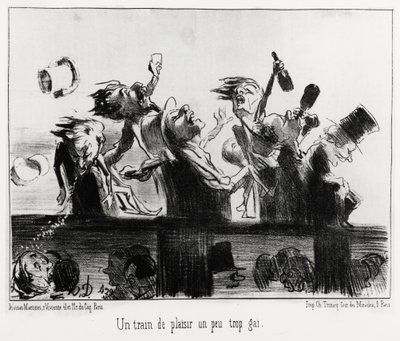 Un train de plaisir un peu trop gai, dans la série Les chemins de fer, illustration par Honoré Daumier (1808-1879), publiée dans « Charivari », datée du 20 août 1852 - Honoré Daumier