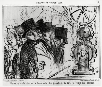 Exposition universelle : une table tournante, conçue pour rôtir des poulets avec la force de vingt-neuf chevaux. Illustration par Honoré Daumier (1808-1879), publiée dans les nouvelles, « Charivari », datée du 20 juillet 1855 - Honoré Daumier