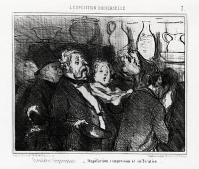 Exposition universelle : premières impressions : stupéfaction, compression et suffocation. Illustration par Honoré Daumier (1808-1879), publiée dans les nouvelles, « Charivari », datée du 24 mai 1855 - Honoré Daumier