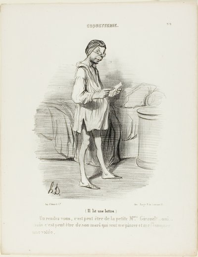 (Il lit une lettre) "Un rendez-vous, ce serait de la part de la jolie Mme Giraud  Oui, mais ça peut aussi venir de son mari qui veut me pincer...", planche 8 de la Coquetterie - Honoré Victorin Daumier
