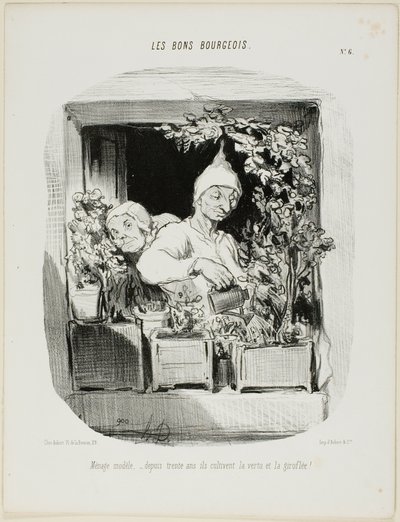 Un mariage modèle : Pendant trente ans, ils ont cultivé la vertu et les œillets, planche six des Bons Bourgeois - Honoré Victorin Daumier