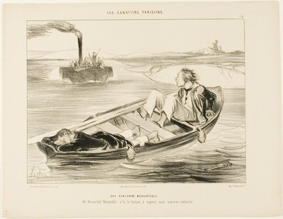 Une rencontre désagréable. "Bernardel, Bernardel ! Voici le vapeur... nous allons couler !", planche 16 des Canotiers Parisiens - Honoré Victorin Daumier