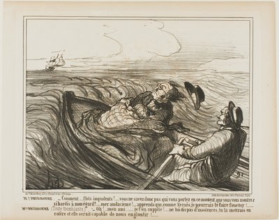M. Prudhomme : "- Odieuses vagues.... ne savez-vous pas qui vous portez en cet instant ... oh audacieux... sachez que je vais, comme Xerxès, vous fouetter terriblement." Mme Prudhomme : (frissonnant de peur) "- Je vous en prie, mon cher ami, n