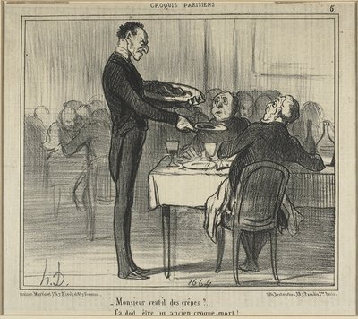 "Monsieur voudrait-il des crêpes  - Il devait être croque-mort", planche 5 des Croquis Parisiens. - Honoré Victorin Daumier