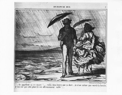 Aux bains de mer: Parisiens au bord de la mer sous une pluie battante - par Daumier, dans "Charivari" du 19/09/1859. - Honoré Daumier