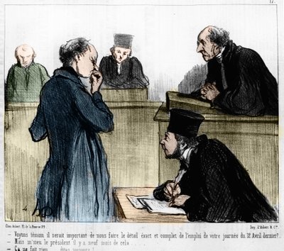 Caricature de Daumier : Série « Les Gens de justice » publiée dans « Charivari » du 04/03/1846. Audition d