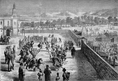Coutume mexicaine : fête et danse indienne à Santa Anna (Mexique) en mémoire de la conquête de Fernando Cortez. Les Mexicains étaient déguisés en conquistadors espagnols et en soldats de l