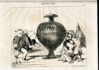 Satirique en N & B : Actualités - Président de la République, Suffrage universel - Thiers Adolphe, Montalembert Charles de (1810-1870), Louis Matthieu Molé (1781-1855), Dupin André-Marie, dit Dupin aîné (1783-1865) - Illustration par Honoré Daumier (1808-1 - Honoré Daumier