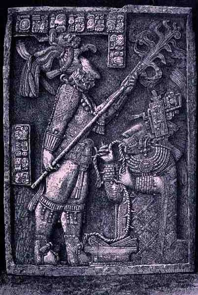 Linteau en pierre sculptée du temple 23, Yaxchilan, 726 après J.-C., montrant le dirigeant Bouclier Jaguar et sa femme, Dame Xoc, réalisant un rituel de saignée, des anciennes cités du Nouveau Monde, par Claude-Joseph-Désiré Charnay - Honore after Chapuis