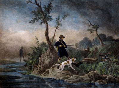 Chasse aux canards dans les marais, gravure d