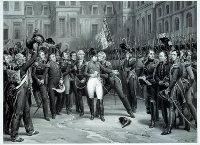 Les adieux de Napoléon Bonaparte (1769-1821) à la garde impériale dans la cour du Cheval Blanc à Fontainebleau 20/04/1814 Gravure par Émile Vernet dit Horace Vernet (1789-1863) 1814 Paris, B.N. - Emile Jean Horace Vernet