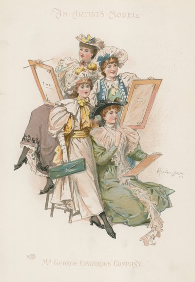 Groupe de quatre femmes bien habillées tenant des planches à dessin (lithographie couleur) - Howard Davie
