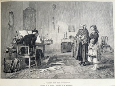 Deux femmes irlandaises apportent un cadeau à un religieux. Gravure de H. Werdmuller d