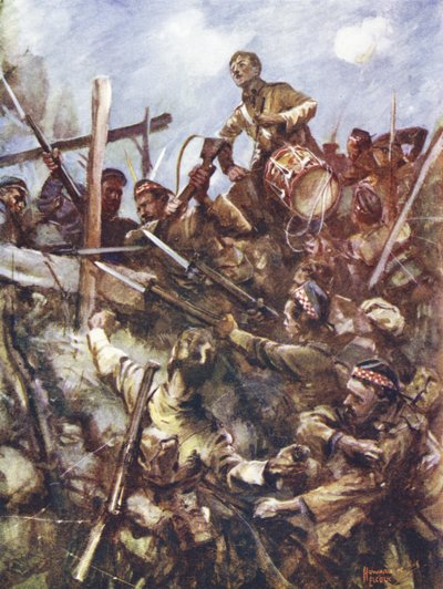 Le tambour Walter Ritchie debout sur le parapet ennemi pour sonner la charge, sous de lourdes attaques de mitrailleuses et de bombes, Beaumont Hamel, France, 1er juillet 1916 - Howard K. Elcock