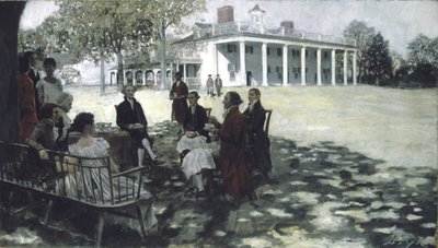 Martha et George Washington recevant leurs amis sur la pelouse de Mount Vernon, 1898 - Howard Pyle
