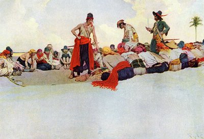 Partage du trésor entre les pirates réunis en cercle. Illustration du "Livre des pirates, boucaniers et marrons de la mer des Caraïbes" par Howard Pyle (1853-1911), illustrateur américain - Howard Pyle