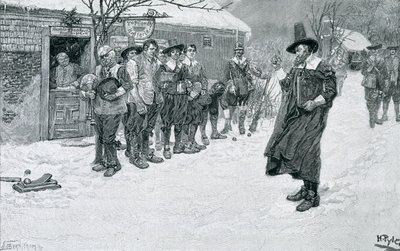 Le gouverneur puritain interrompant les sports de Noël, gravé par J. Bernstrom, illustration de 