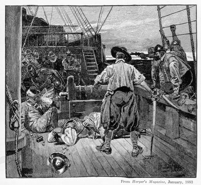 Thomas Moon commença à se battre avec son épée, gravé par Henry Wolf, de Harper