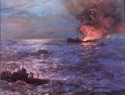 Navire marchand bombardé par un sous-marin allemand pendant la Seconde Guerre mondiale (lithographie en couleur) - Howard Russell Butler