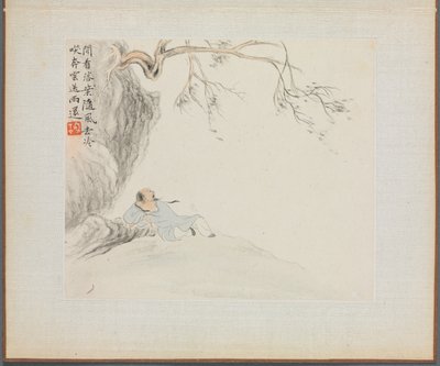 Album de peintures de paysages illustrant de vieux poèmes : Un homme se repose..., 1700s - Hua Yan