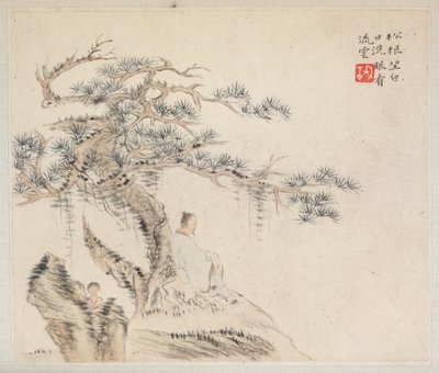 Album de Peintures de Paysages Illustrant de Vieux Poèmes : Un vieil homme assis sous un pin, un garçon derrière une pierre - Hua Yan