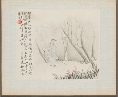 Album de peintures de paysages illustrant de vieux poèmes : Un vieil homme avec un bâton, 1700s - Hua Yan