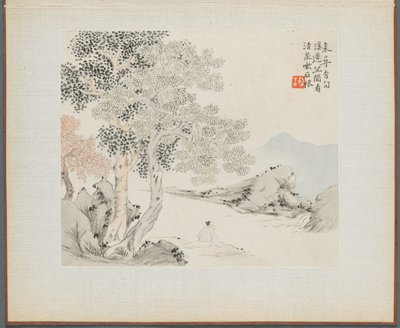Album de Peintures de Paysages Illustrant de Vieux Poèmes : Trois grands arbres, un ruisseau avec un vieil homme assis sur la rive - Hua Yan