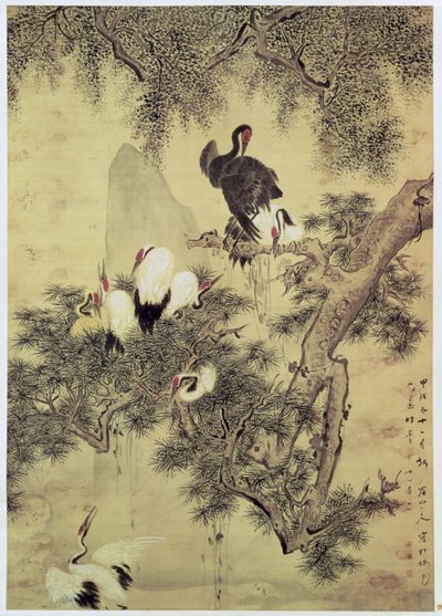 Huit hérons à crête rouge dans un pin, 1754 - Hua Yan