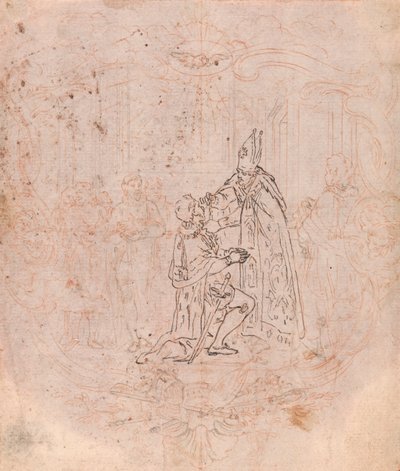 Conception pour un frontispice : Un évêque conférant un honneur, scène dans un cartouche - Hubert Francois Gravelot