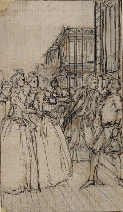Illustration littéraire avec deux dames et deux messieurs dans une rue - Hubert Francois Gravelot