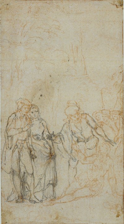Illustration littéraire non identifiée avec un groupe de figures entourant une figure allongée dans un paysage - Hubert Francois Gravelot