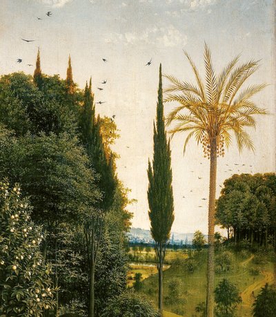 Détail des Pèlerins guidés par Saint Christophe, du côté droit du Retable de Gand - Hubert & Jan van (1390 1441) Eyck