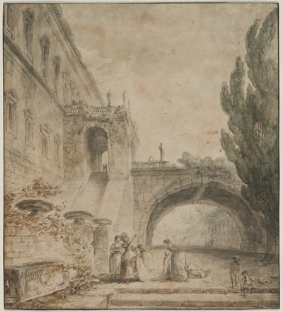 Un palais avec un pont voûté Une villa romaine, 1760 - Hubert Robert