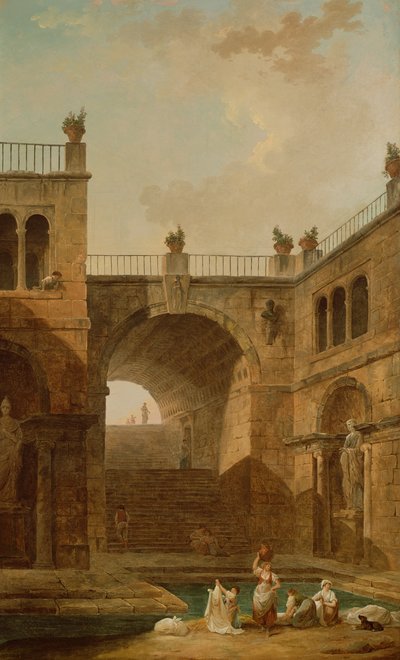 Scène architecturale avec femmes lavant des vêtements à une piscine - Hubert Robert