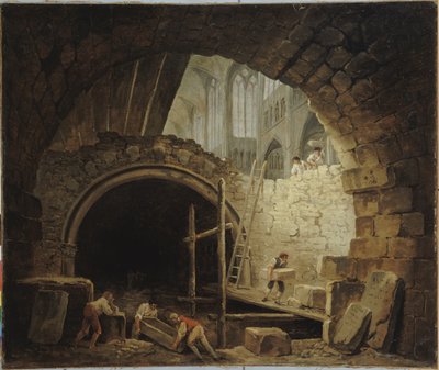 French: La Violation des caveaux des rois dans la basilique de Saint-Denis, en octobre 1793 Looting of Royal Tombs in Saint-Denis Basilica, October 1793 - Hubert Robert