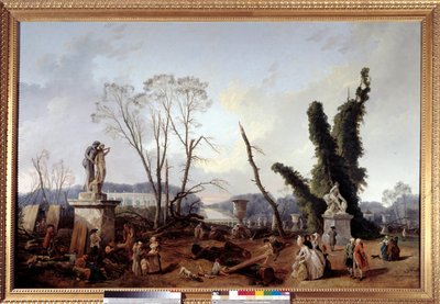 Le Tapis Vert au moment de la coupe des arbres en hiver 1774-1775 dans les jardins de Versailles (au premier plan, le roi Louis XVI et la reine Marie-Antoinette). Le tapis vert est aussi appelé l