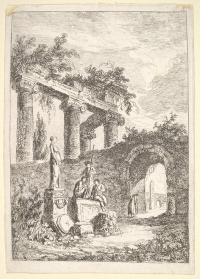 Planche 3 : La statue devant les ruines : une statue à gauche à côté de trois figures sur un p..., vers 1763-64 - Hubert Robert