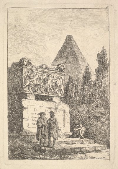 Planche 6 : Le Sarcophage : deux hommes conversant à gauche, un autre homme assis et dormant..., vers 1763-64 - Hubert Robert