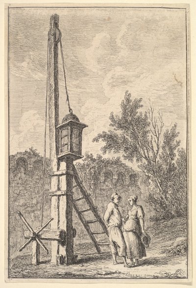 Planche 9 : La Poulie : un homme et une femme conversant à droite, une lanterne accrochée à un poteau..., vers 1763-64 - Hubert Robert